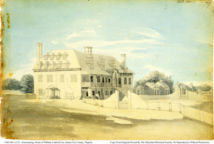 Latrobe watercolor depiction of the dilapidated 1796 condition of the Green Spring mansion remodeled after 1725.